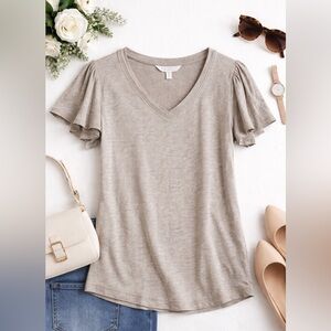 LC Lauren Conrad Taupe Flutter Sleeve V Neck Tee – Size XS